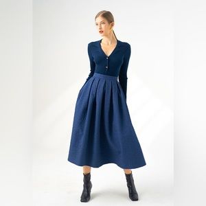 Dark Blue Satin Midi Skirt (US 12)